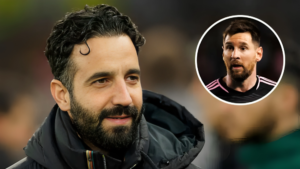 Manchester United manager Ruben Amorim and, inset, Lionel Messi