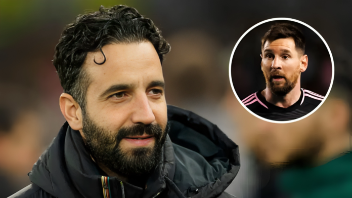 Manchester United manager Ruben Amorim and, inset, Lionel Messi